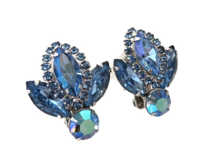 Blue Rhinestone Earrings - Vintage Jewellery, Silver Tone Clip-ons, Bridal Earrings, Signed Weiss Jewelry, Gift for Her, Gift Boxed Blue Rhinestone Earrings - Vintage Jewellery, Silver Tone Clip-ons, Bridal Earrings, Signed Weiss Jewelry, Gift for Her, Gift Boxed