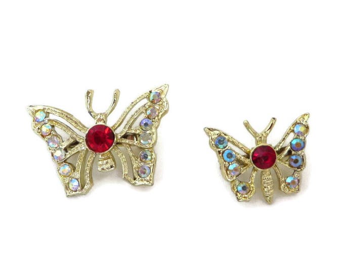 Butterfly Scatter Pins, Vintage AB Rhinestone Gold Tone Butterfly Brooches