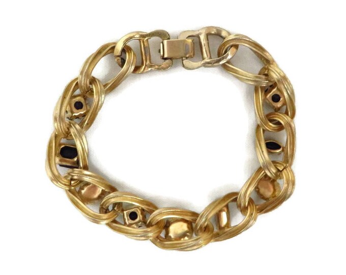 Black Rhinestone Bracelet - Vintage Gold Tone Chain Link Bracelet, Gift for Her