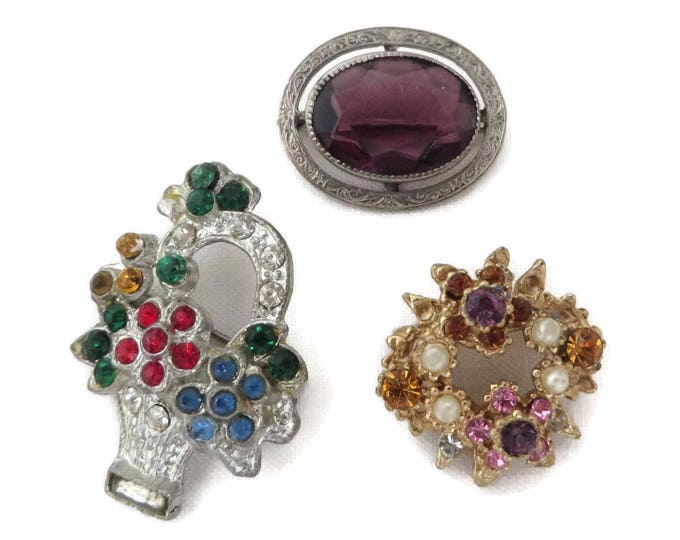 Vintage Rhinestone Brooch Trio, Silver Tone, Gold Tone Hat, Jacket, Coat Pins