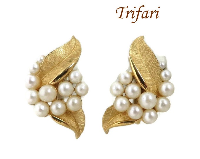 Signed Trifari Earrings, Faux Pearl, Vintage Matte Gold Leaf Cluster Clip on Earrings, Crown Trifari Jewelry, Night Out Jewellery