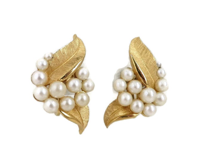 Signed Trifari Earrings, Faux Pearl, Vintage Matte Gold Leaf Cluster Clip on Earrings, Crown Trifari Jewelry, Night Out Jewellery