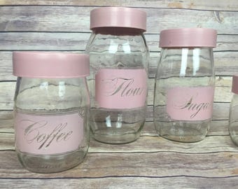 Vintage Carlton Glass 4 Piece Set Coffee Tea Flour Sugar Pink Lidded Canisters Made in the USA