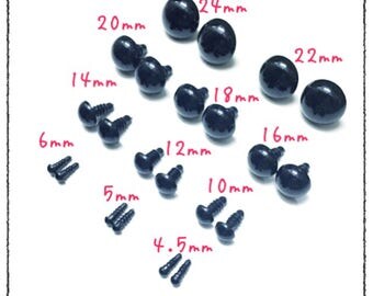 Black Crafts Plastic Safety Eyes screw eyes- 5 Pairs, many size,5mm, 6mm, 8mm, 9mm, 10mm, 12mm, 14mm 15mm 18mm 20mm 24mm 30mm