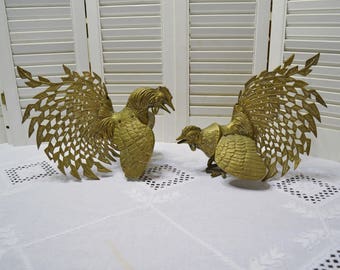 Vintage Brass Roosters Mid Century Fighting Rooster Statues Filigree Feathers PanchosPorch