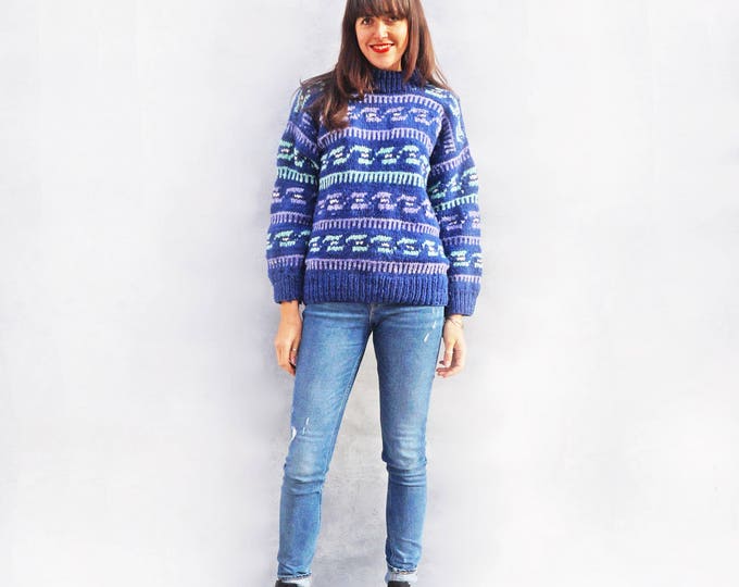 Blue Wool Sweater, Vintage Wool Sweater, Hand Knit Jumper, Slouchy Jumper, Patterned Jumper, Knitted Jumper Women, Oversized Jumper, 1980s