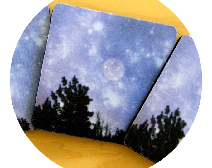 BLUE COASTER SET: 4 pieces featuring a night sky and a full moon created by Pam Ponsart for Pam's Fab Photos