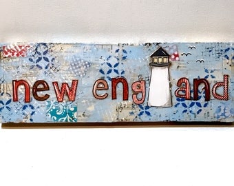 New England Sign, New England Lighthouse Sign, NE Lighthouse art, Lighthouse Decor, Painted New England Art