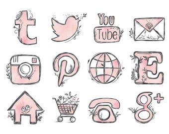 48 hand drawn social media icons social media buttons social icons pink social media icons blog buttons blog icons website icons