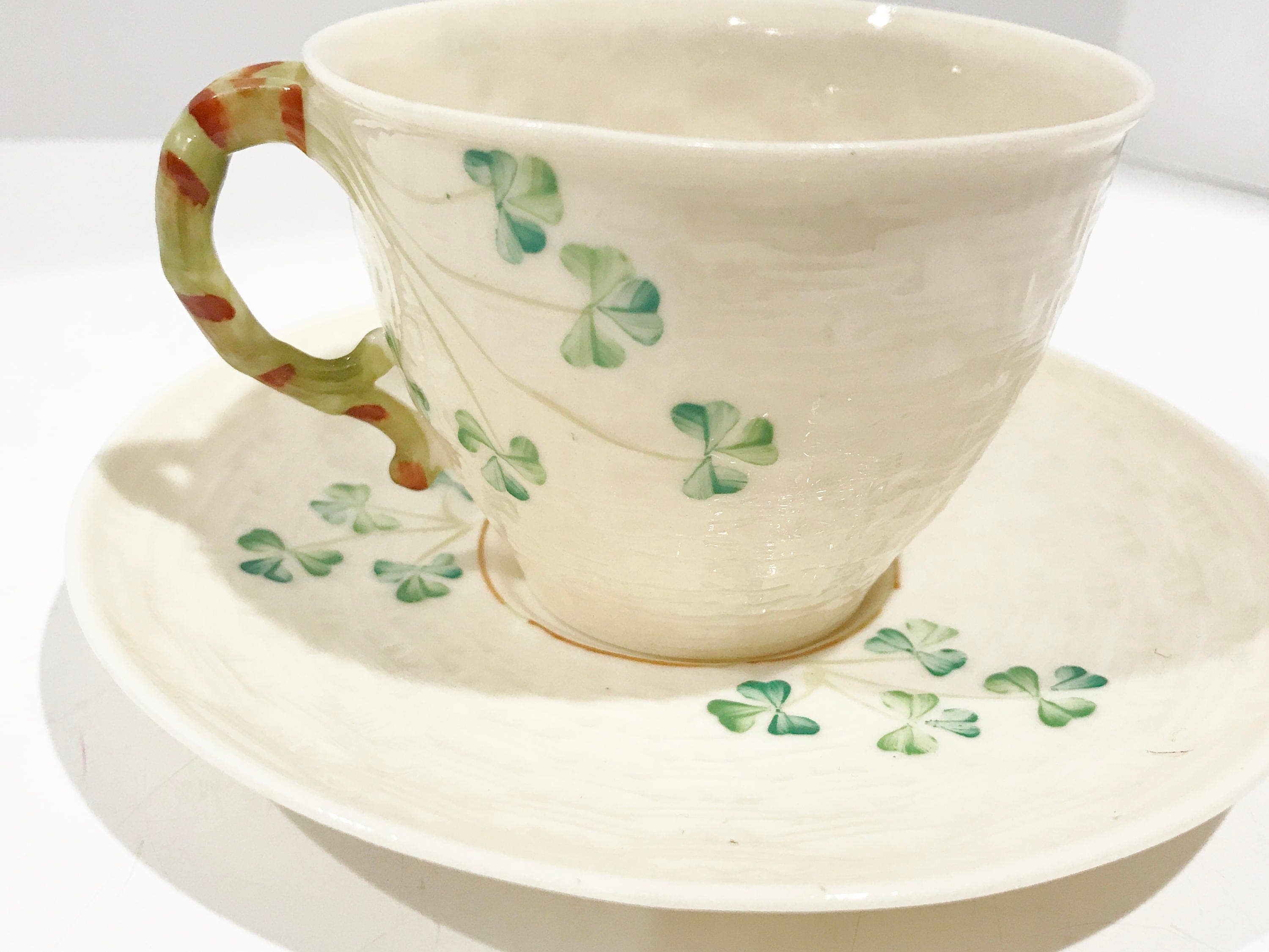 Shamrock Belleek Tea Cup and Saucer, Irish Tea Cup, Basket Weave ...