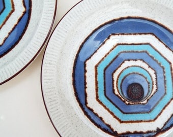 Poole Pottery Plates - Lagoon Blue Pattern, Two Retro Circle Plates, Abstract Tableware, Geometric Plates, Poole Parkstone Compact Design