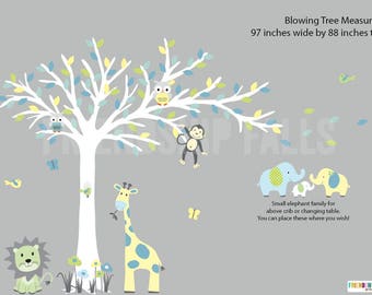 Blowing tree wall decal, Nursery Wall Decal, Giraffe decal, Wall Sticker, Kids Room Wall Decal, Aqua Limeade Scene