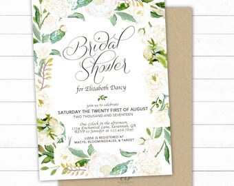 White Floral Bridal Shower Invitation, Rustic Bridal Shower Invite, Wedding Shower Printable, White Bridal Shower, White floral Invite, DIY