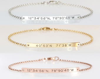 Coordinate bracelet Sterling silver bar bracelet Engraved coordinates bracelet Bridesmaids gift Roman numerals bracelet Mothers gift