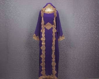 Elegant Purple Womens Caftan Purple Dress Dubai Gold Embroidery, Womens Wedding Bridesmaid Congregation Hanukkah Special Kaftan Maxi Dress