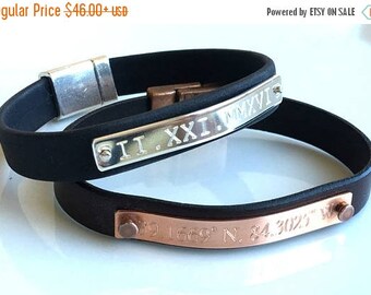 ON SALE Fathers Day Gift Leather Bracelet Personalized Unisex Coordinate engraved Copper plate custom leather bracelet for men gift for him