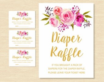 Diaper Raffle Tickets + Diaper Raffle Sign, Watercolor Diaper Raffle Sign, Baby Shower Diaper Raffle, Baby Girl, INSTANT DOWNLOAD, BSW1