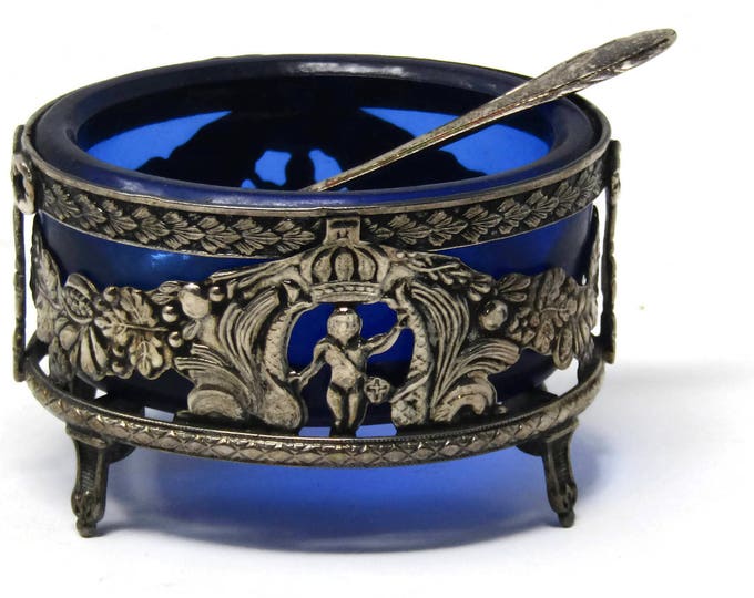 Vintage Cobalt Blue Glass Open Salt Cellar in Ornate Metal Stand - Vine Art Nouveau Nut Dish or Master Open Salt Dish