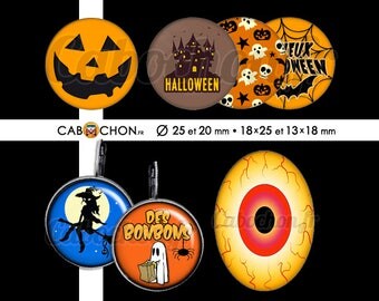 Happy Halloween ll • 60 Images RONDES 25 20 mm OVALES 18x25 13x18 mm sorciere chauve souris citrouille fantome toile araignee oeil bonbon