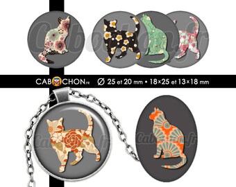 Liberty Cat • 60 Images Digitales RONDES 25 20 mm et OVALES 18x25 13x18 mm chat silhouette liberty fleurs motifs retro vintage flowers