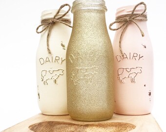 Set of 3 Glass Milk Bottles, Dairy Bottles, Pink and Gold, Centerpieces, Baby Shower, Shabby Chic, 1st Birthday, Rustic, Barnyard, Nursery