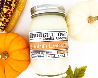 Autumn Leaves Scented Mason Jar Candle 8oz or 16oz, fall scented candles, most popular fall candles -Midnight Owl Candle Co.
