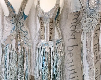 Boho dress tattered look,bohemian dress eco friendly,summer dress lagenlook,pagan wedding dress,upcycled dress unique,text fabric,antique