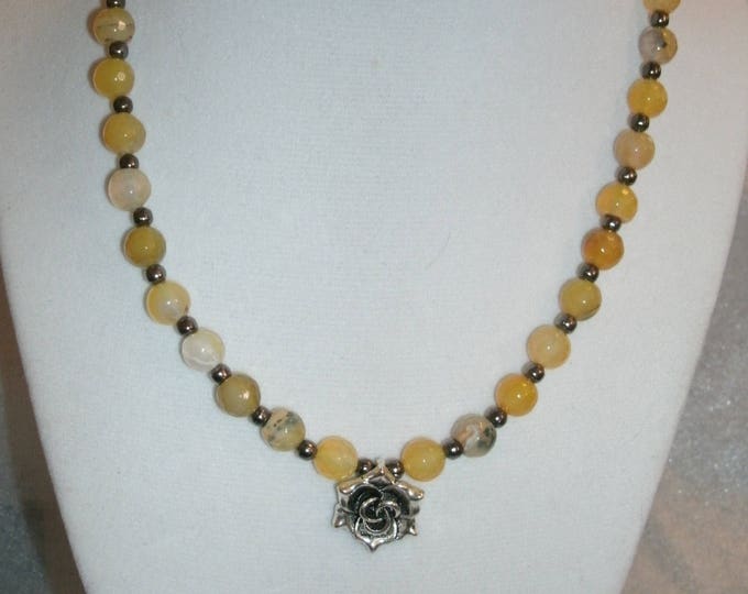 Lemon Quartz and Rose beaded handmade necklace, gift for her, vintage look, antique silver toned flower charm,