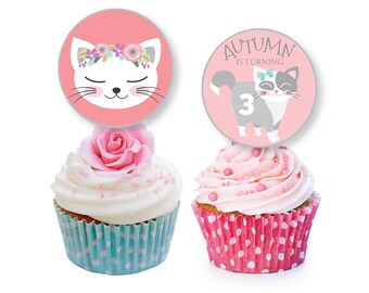 Cat cupcake toppers or bunting - Pink Kitten Birthday, Cat Birthday Party, Kitten Cupcake Toppers, Cat, Kitty Toppers