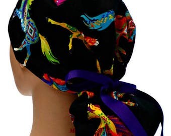 Women's Premium Fabric Ponytail Style Surgical Scrub Cap Hat in Southwest Horses