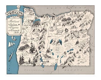 Vintage Oregon Map Print, Antique 1931 Pictorial Map of State of Oregon - Old Landmarks Map Wall Art - Home Decor - 7 Print Sizes