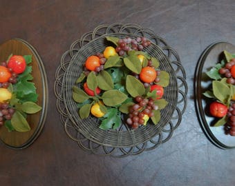 60s plastic fruit and flocked leaves wall hangings set