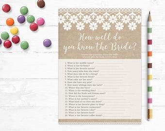 Printable Bridal Shower Game, How Well Do You Know the Bride, Bride Trivia, Couples Shower, Wedding Shower, Burlap & Lace, Digital, MB194