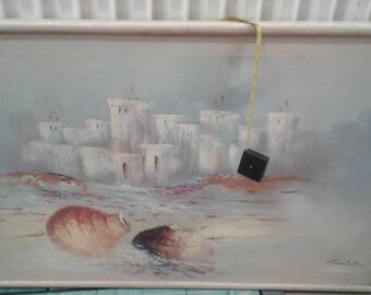 Vintage Southwest Oil On Canvas/ Pottery/ Adobe Huts/ Signed