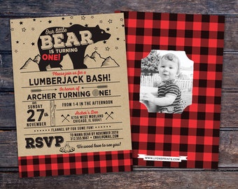 ANY AGE,Lumberjack birthday Invitation // Buffalo Plaid Woodland Invitation // Lumberjack Invite // Rustic // Bear , camping