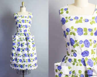 1950s Cotton Rose Sheath Dress/ Medium (36B/27W)