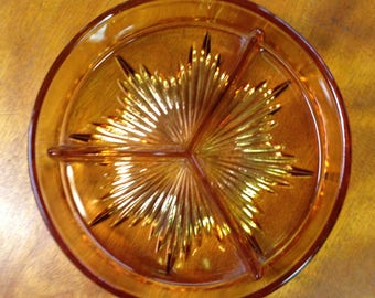 Vintage Amber Round Divided Candy Dish, Relish Tray, 3 Part