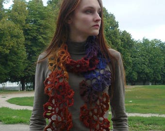 Spring accessories Lariat scarf Brown Blue crochet scarf Neck warmer Colorful Multocolor Gradient wool lace scarf Eco wool scarf Wool wrap
