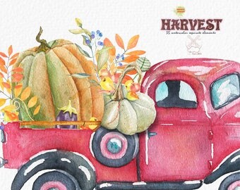 Autumn Harvest Watercolor Clipart, Truck watercolor, Pumpkin, Halloween, Fall, Vegetables, Garden Tools, Falling leaves clipart, Harvest