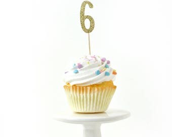 Number 6 Gold Glitter Cupcake Toppers, Number 6 Toothpicks, Gold Party Decor, Food Decoration, Sixth Birthday, 6th Birthday, Six Decor