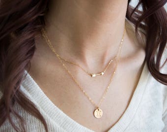 Zodiac Necklace, Zodiac Sign Necklace, Set of 2 Layering Necklaces, Personalized Gold Disc Necklace, Gold Arrow Necklace, Gifts For Her