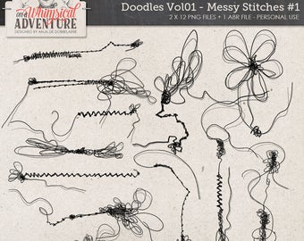 Handdrawn Doodle Clip Art, Photoshop Brushes, Digital Sewing Stitches, Instant Download, Art Journaling, Digital Scrapbooking Elements