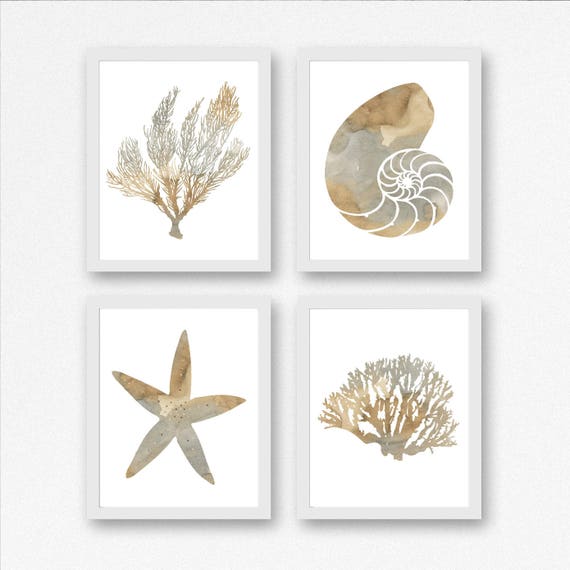 Beach Theme Wall Art Set Of 4 Art Prints Watercolor Sea
