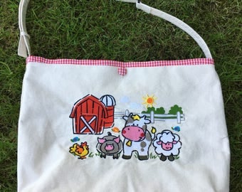 Embroidered Tote Bag for personalization - Farm Scene, Red Gingham lining, zippered inside pocket, open pockets in lining, key hook