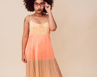70s Vintage Peach Coral Beige Colorblock Tier Full Length Maxi Dress