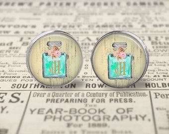 Chanel Inspired Monogram Glass Stud Earrings, Monogrammed Jewelry, Personalized Earrings, Initial Earrings, Perfume Stud Earrings