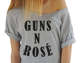 Guns N Rose Shirt -Shirt Off Shoulder Raw Edge Swanky Boatneck Shirt Tee Funny Graphic T Shirt Wine Drinking T-shirt Off-shoulder Shirt Tee