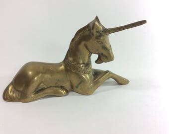 Vintage Brass Unicorn Statue, Reclining Unicorn Figurine