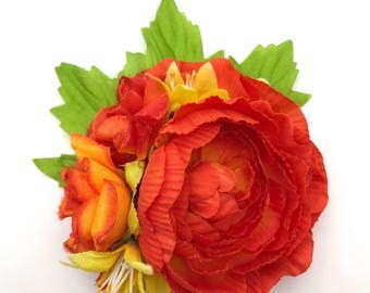 Handmade Deep Orange Peony & Rose Hair flower Clip