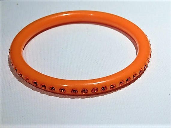 Vintage Rhinestone Bangle Mid Century 1950s Lucite Bangle Bracelet Tangerine Orange Early Plastic Fashion Jewelry Stack Stackable